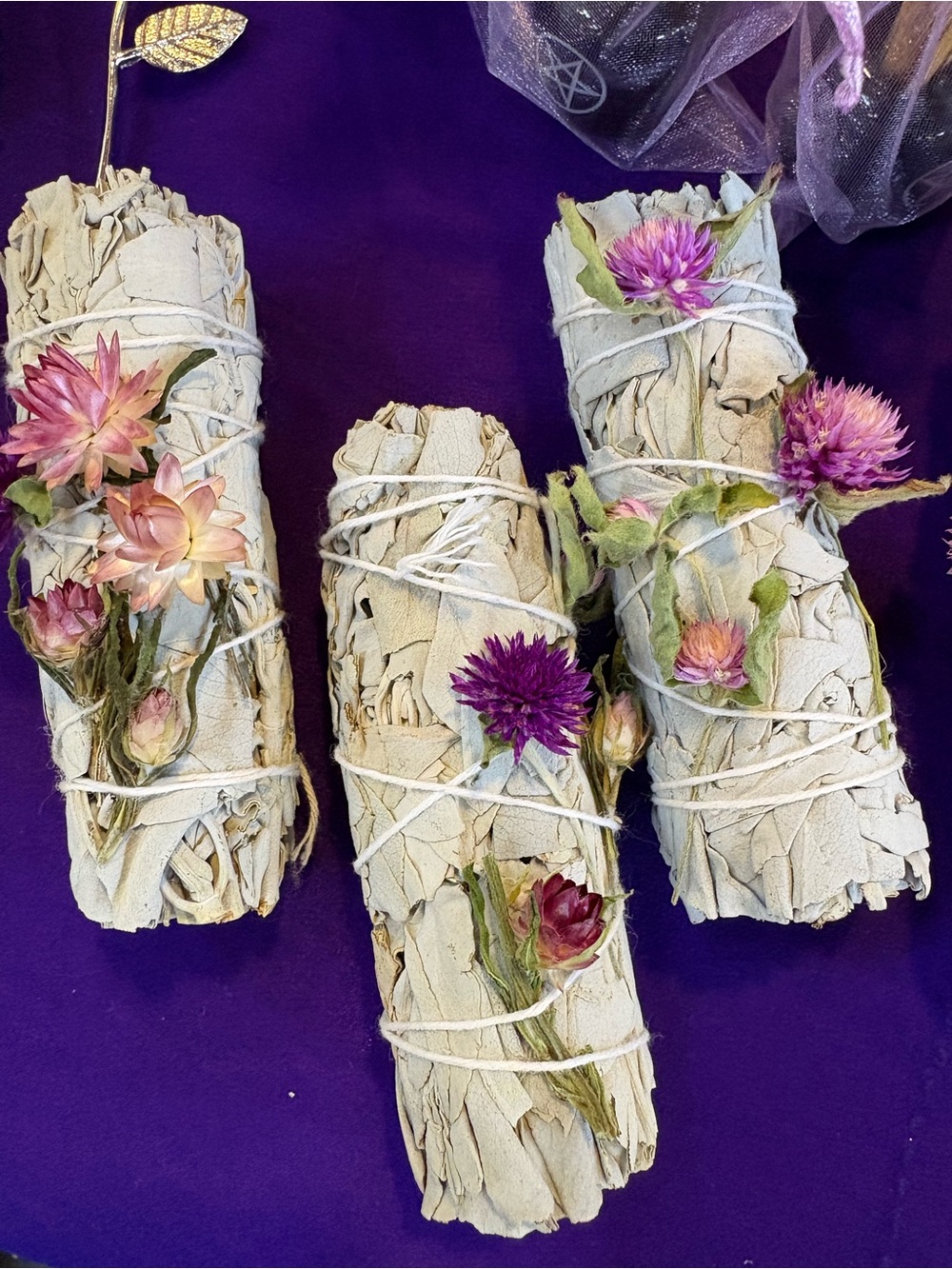 White Sage Bundle Everlasting Dried Flowers Cleansing Floral Sage Smudge Stick